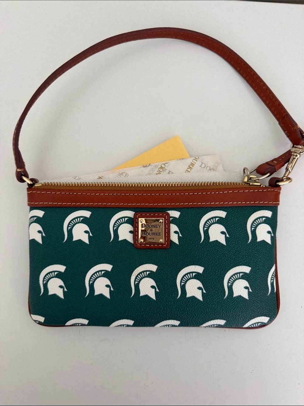 Dooney & Bourke Teal Spartan Print Wristlet with Brown Trim - Picture 1 of 1